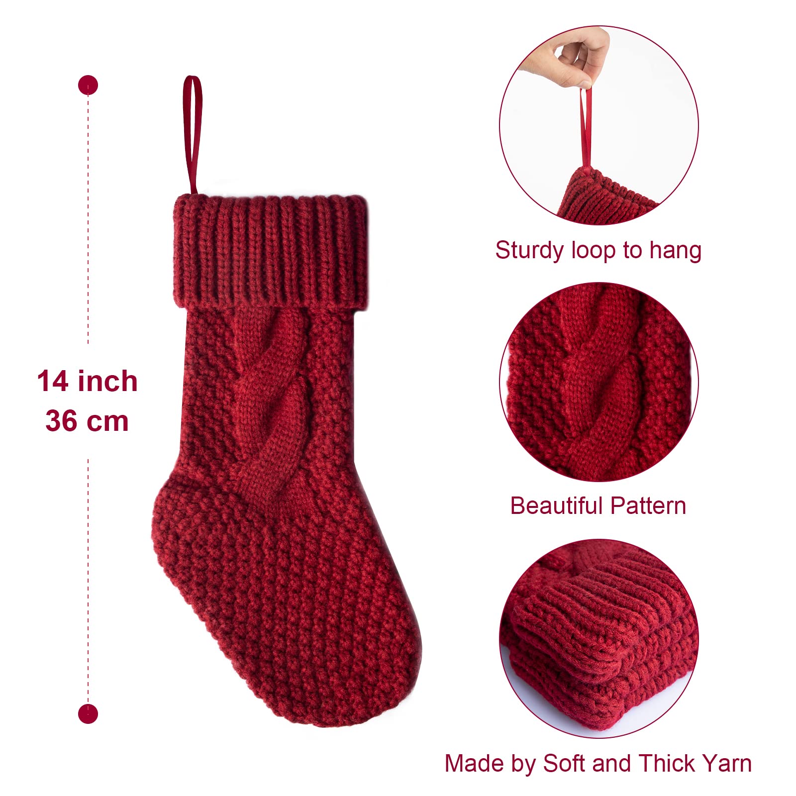 Kunyida Pack 4,14 Unique Burgundy Knit Christmas Stockings